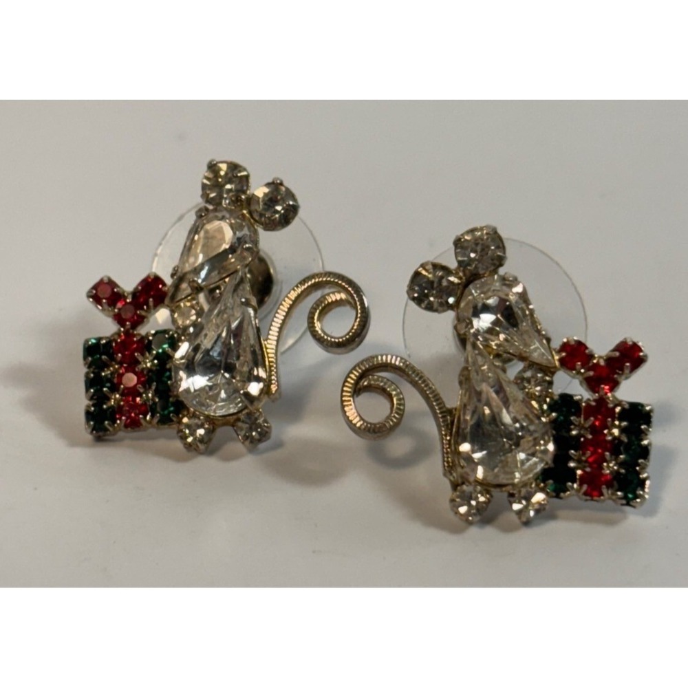 Rhinestone Christmas Earrings Mouse with Tiny Present Super Cute Seasonal
